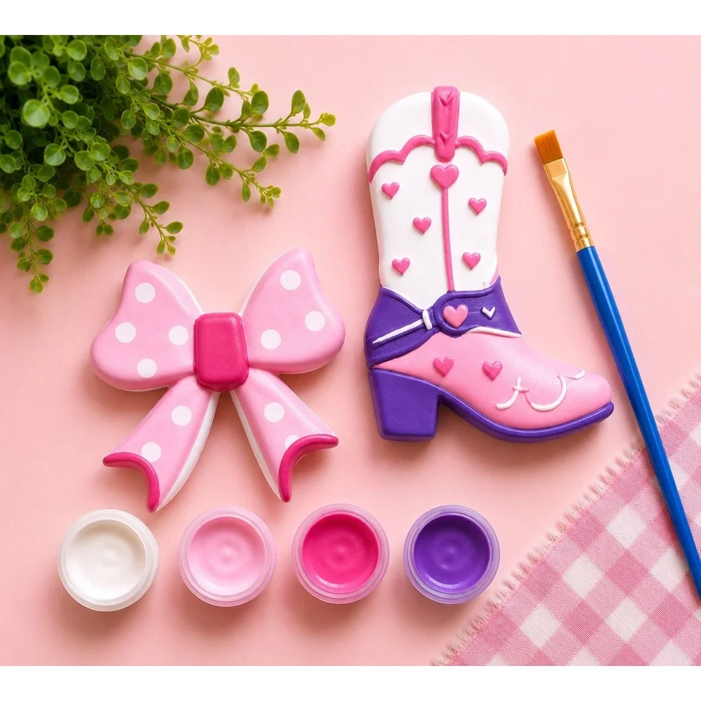 Handmade Cowboy Boot‎ and Bow Plaster Paint Kit Kids White New DIY Craft Set